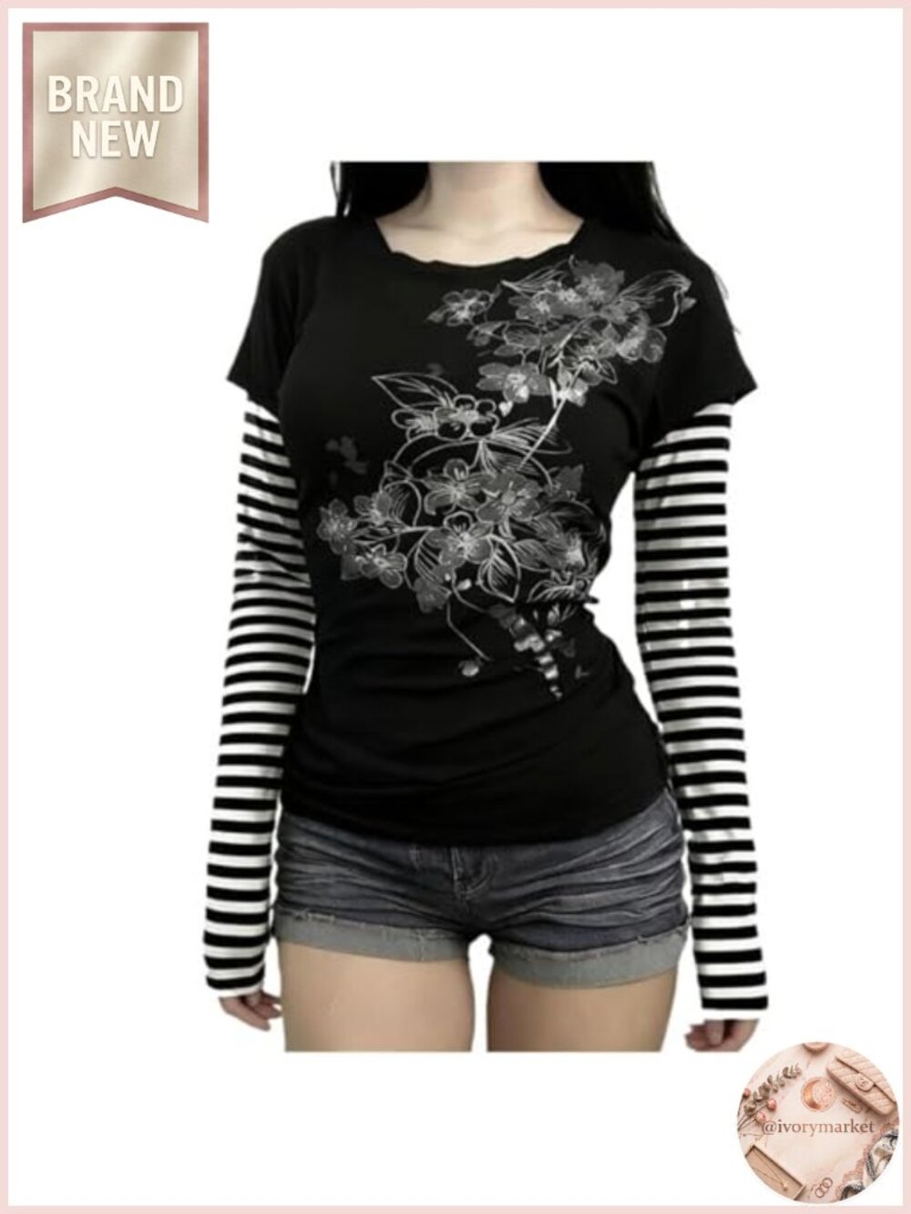 Women's Y2K Grunge Striped Emo Top 2000s Scene Long Sleeve Goth Vintage T-Shirt